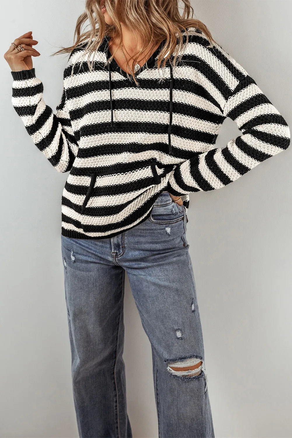 Drawstring Striped Long Sleeve Hooded Sweater - The Daily Makeover