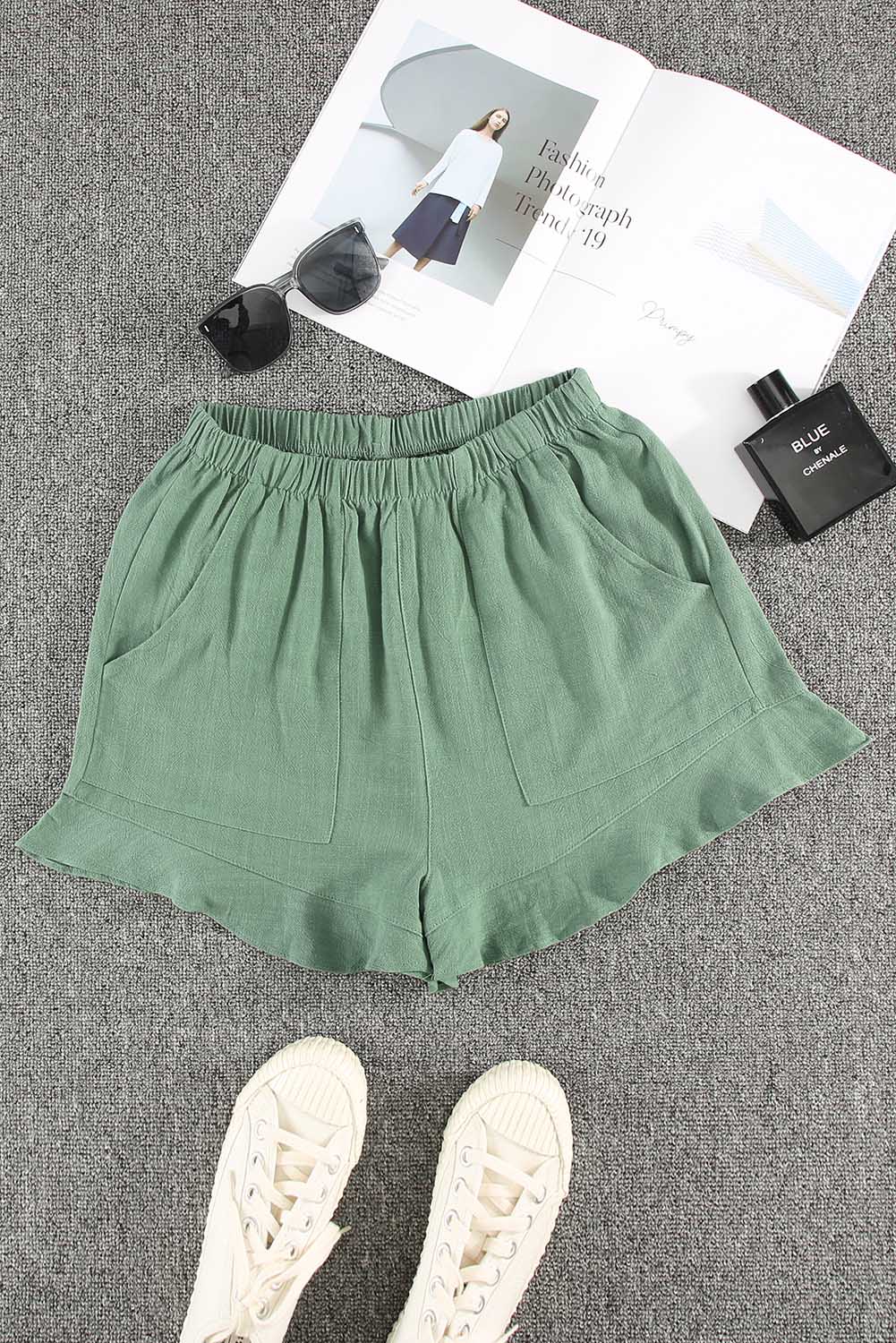 Khaki Casual Pocketed Ruffle High Waist Shorts - The Daily Makeover