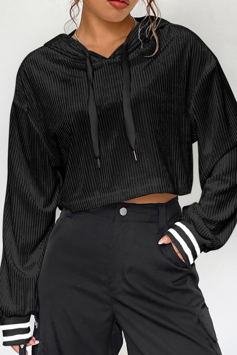 Drawstring Drop Shoulder Long Sleeve Hoodie - The Daily Makeover
