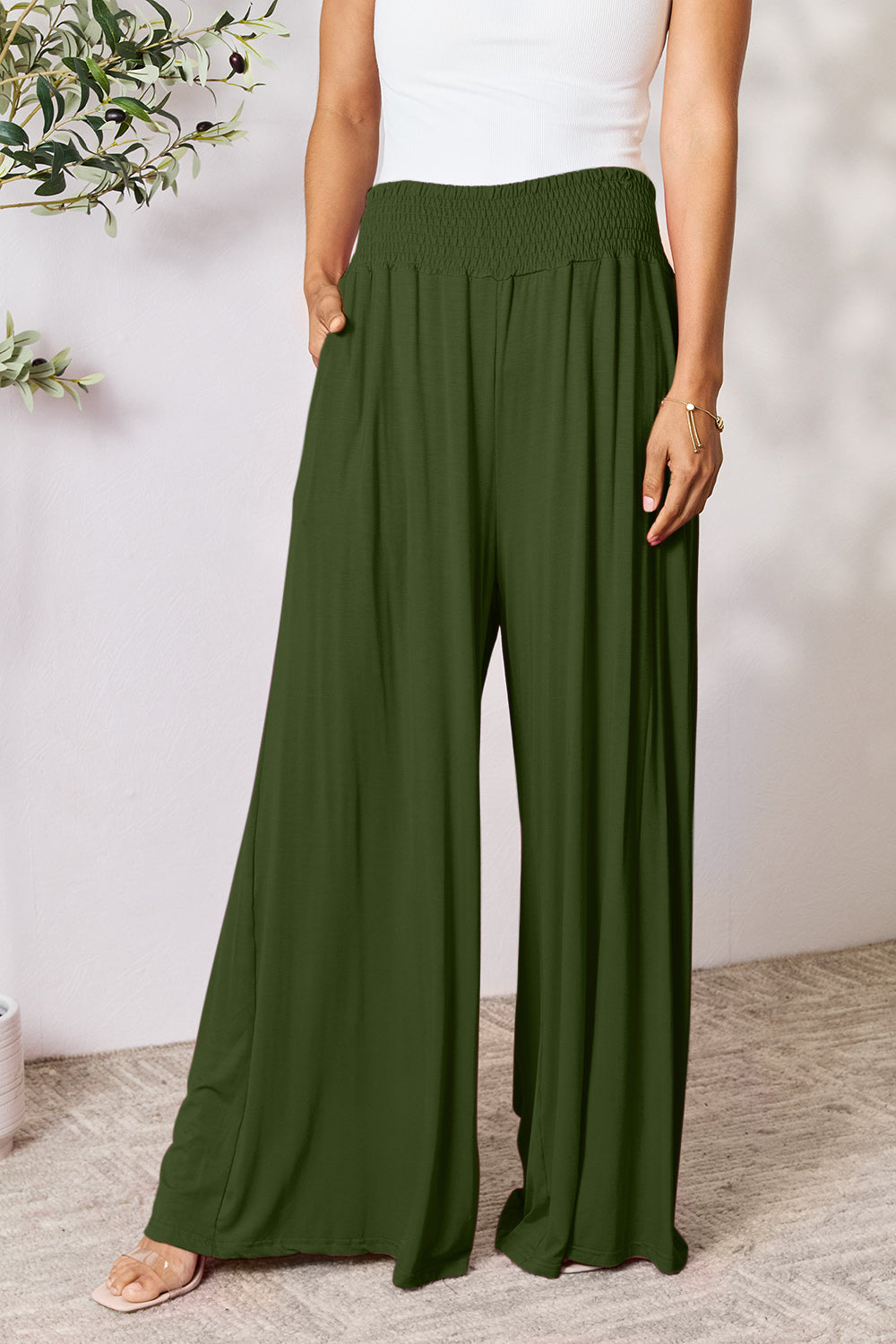 Double Take Full Size Smocked Wide Waistband Wide Leg Pants - The Daily Makeover