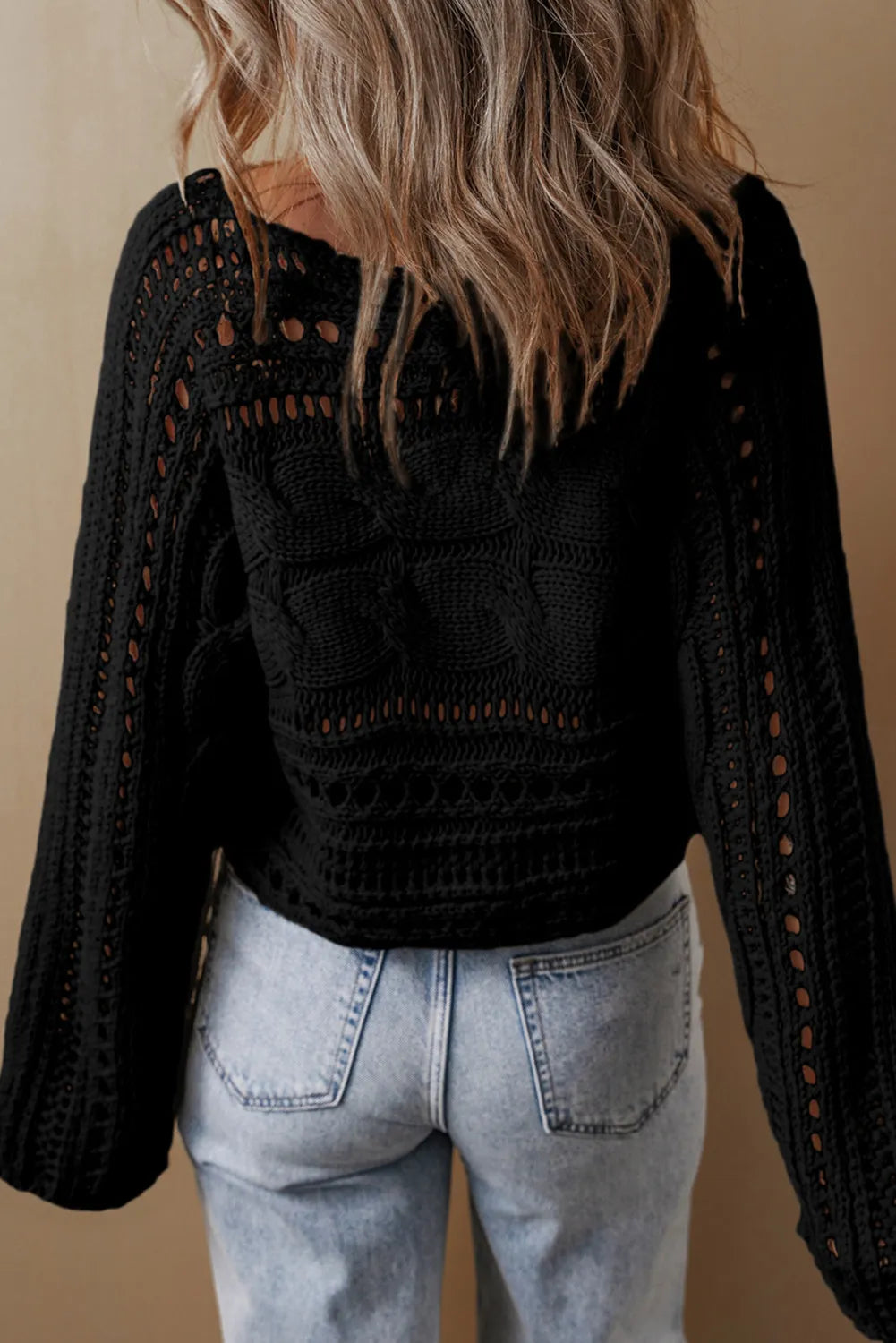 Cable-Knit Openwork Long Sleeve Sweater - The Daily Makeover