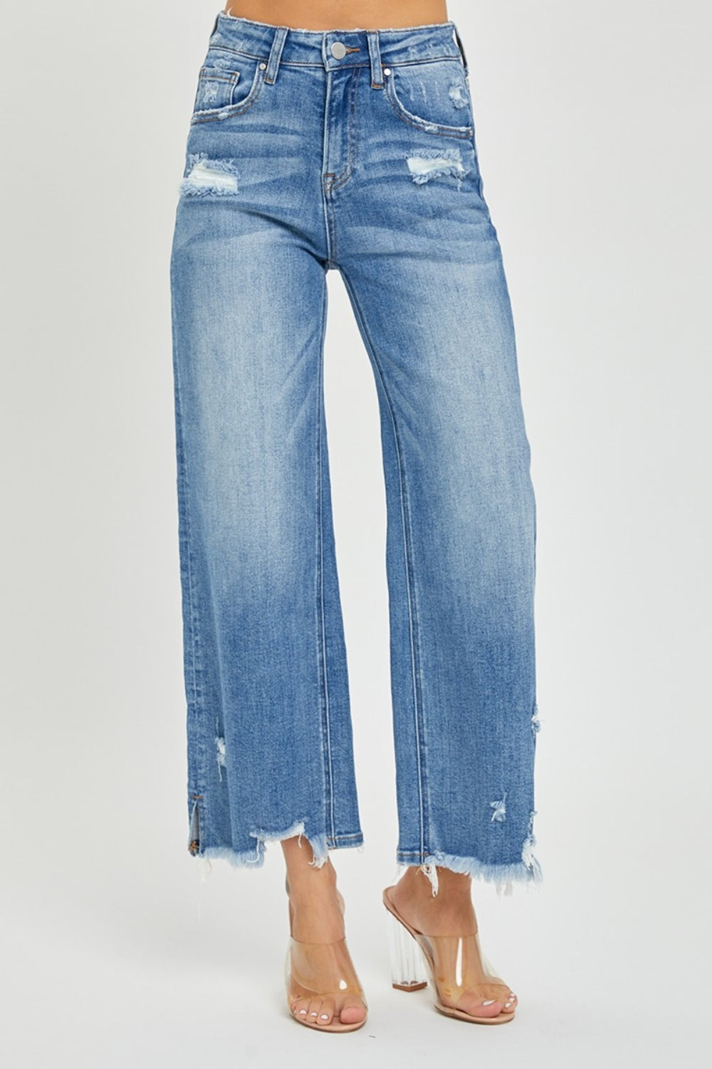 RISEN High Rise Side Slit Raw Hem Cropped Jeans - The Daily Makeover