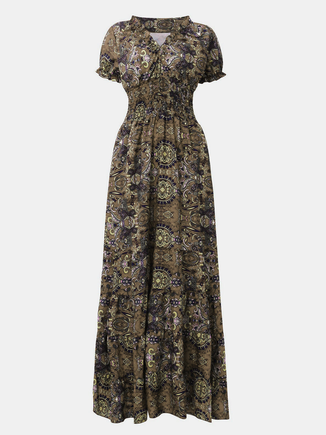 Full Size Smocked Printed V-Neck Short Sleeve Dress - The Daily Makeover