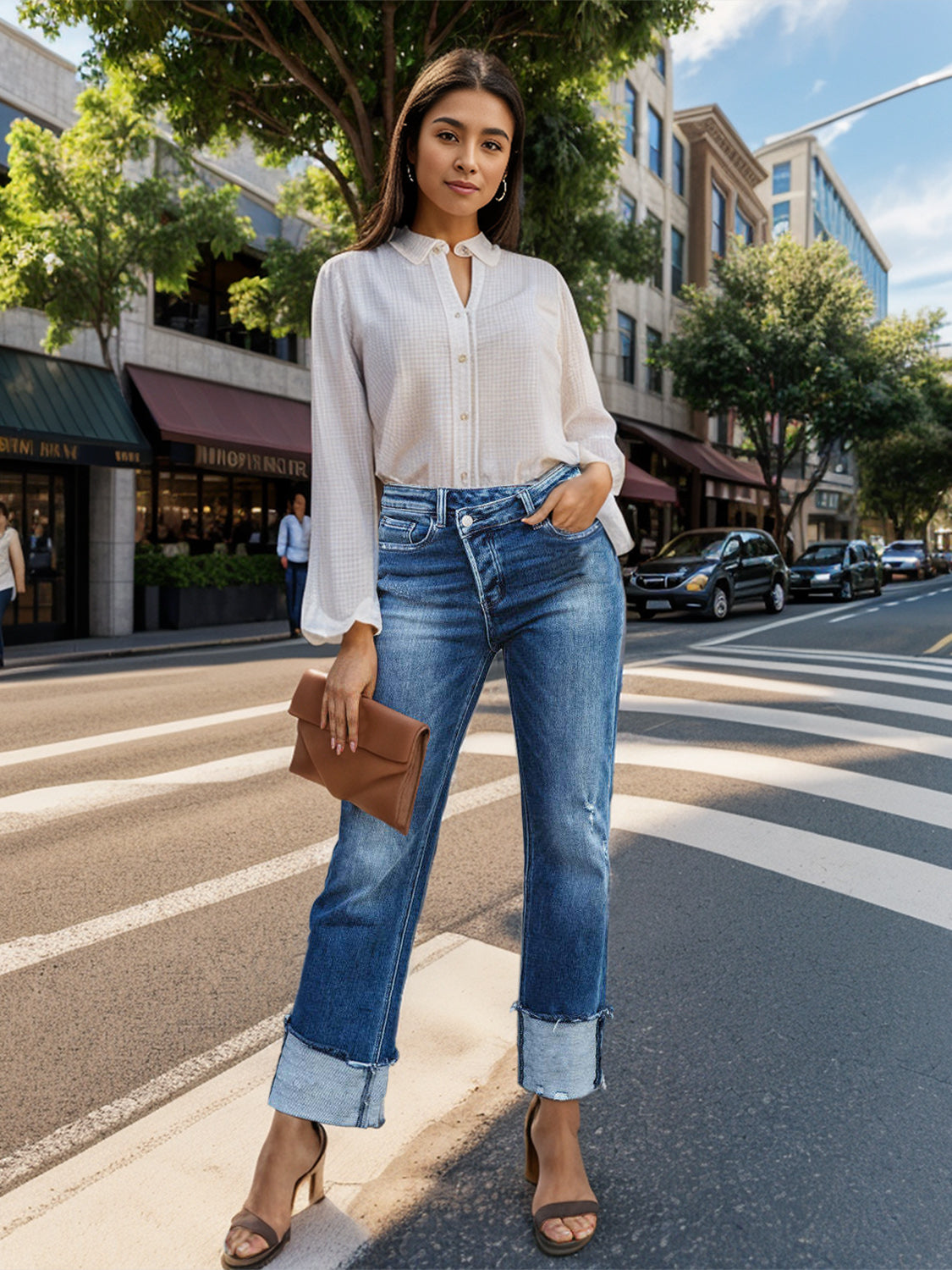 Stepped Waist Raw Hem Rolled Straight Jeans - The Daily Makeover