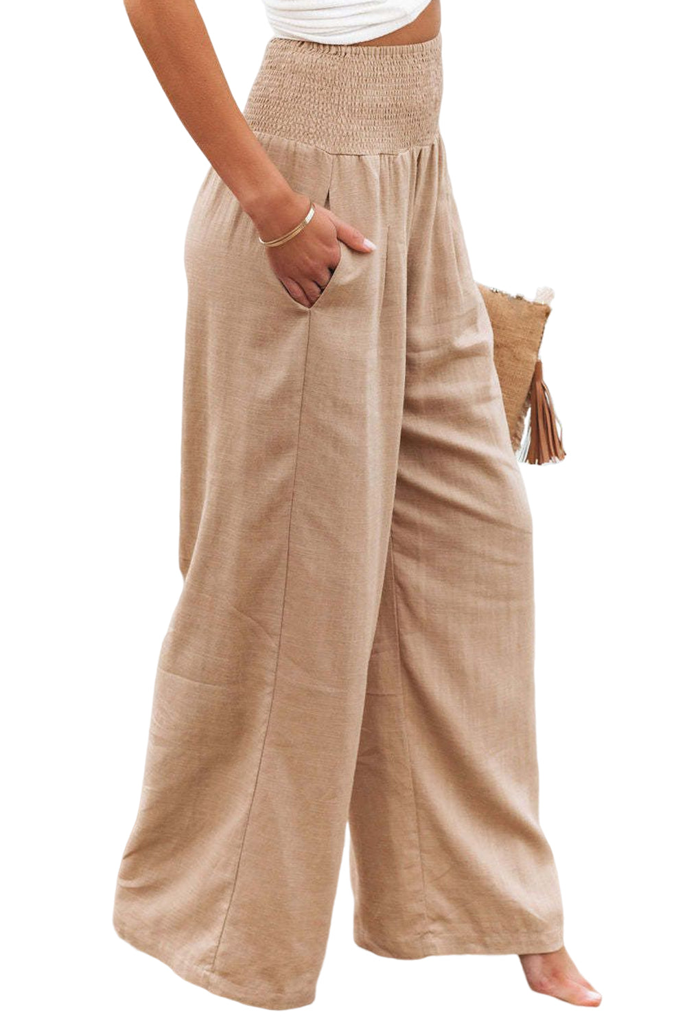 Khaki Smocked Wide Waistband High Waist Wide Leg Pants - The Daily Makeover