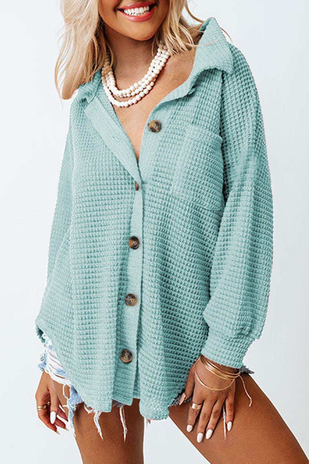 Waffle-Knit Collared Neck Long Sleeve Shirt - The Daily Makeover