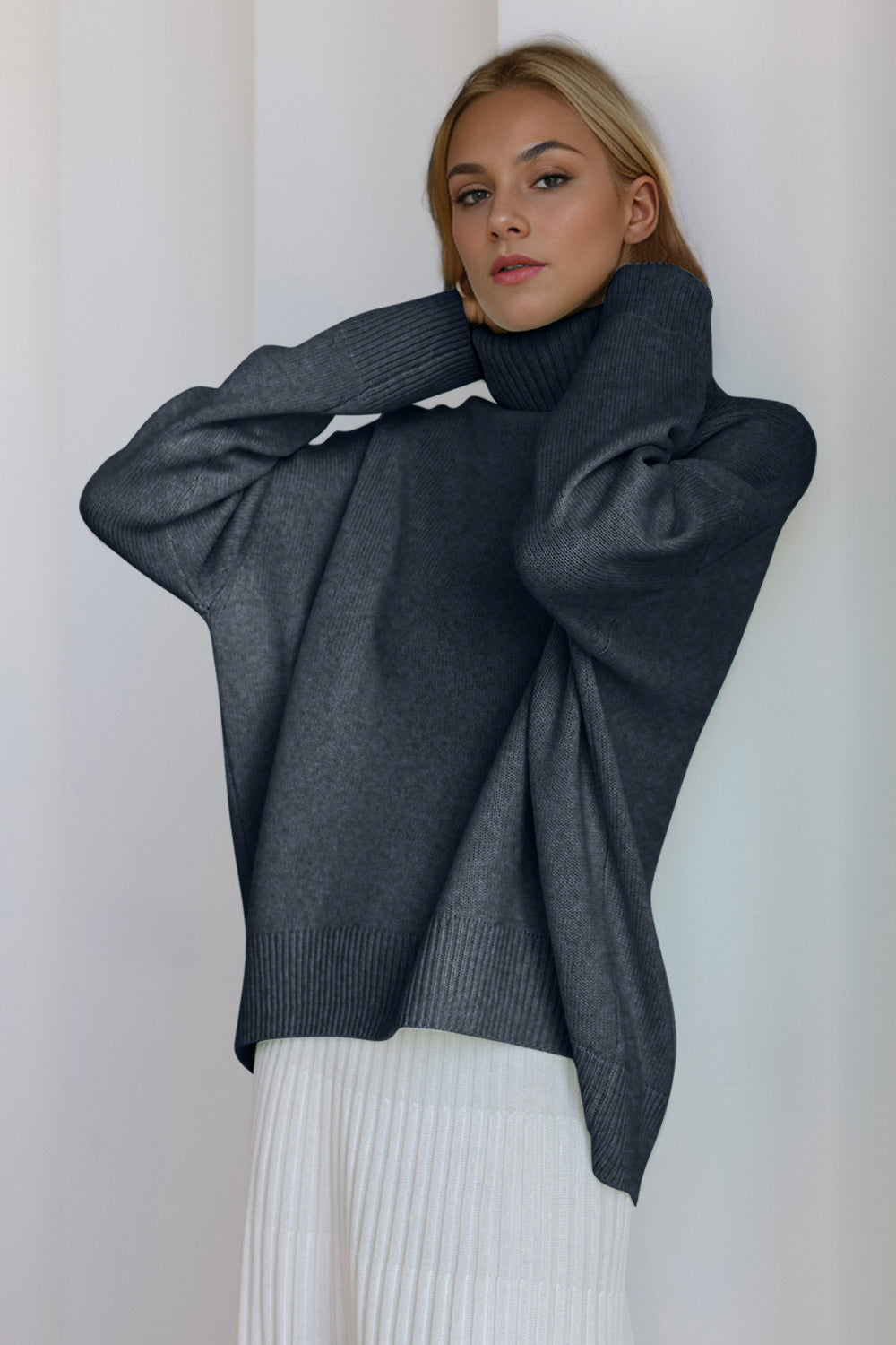 Turtleneck Dropped Shoulder Long Sleeve Sweater - The Daily Makeover