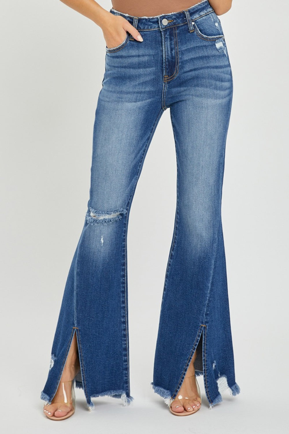 Full Size High Rise Front Slit Frayed Hem Flare Jeans - The Daily Makeover