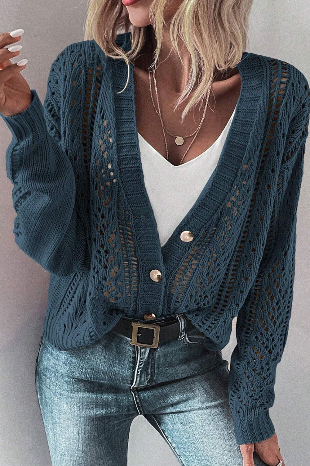 Openwork Button Up Long Sleeve Cardigan - The Daily Makeover