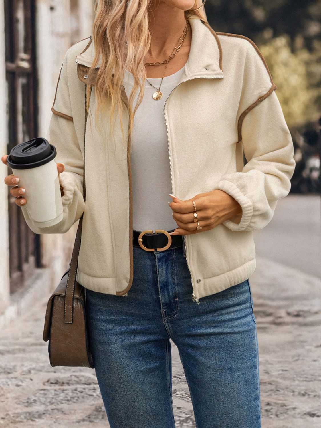 Perfee Zip Up Dropped Shoulder Polar Fleece Jacket - The Daily Makeover