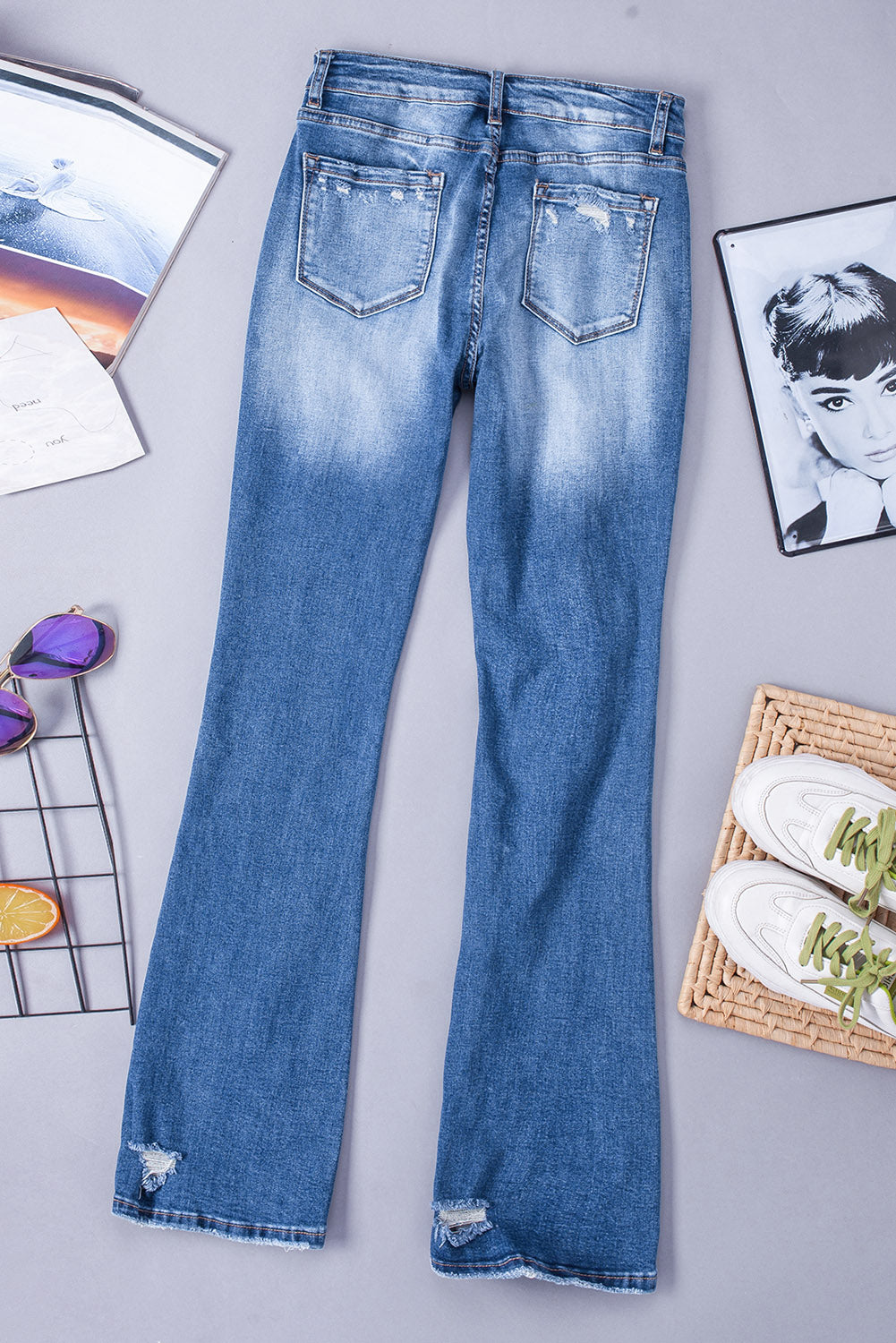 Dark Blue Ripped Raw Hem High Waist Flare Jeans - The Daily Makeover