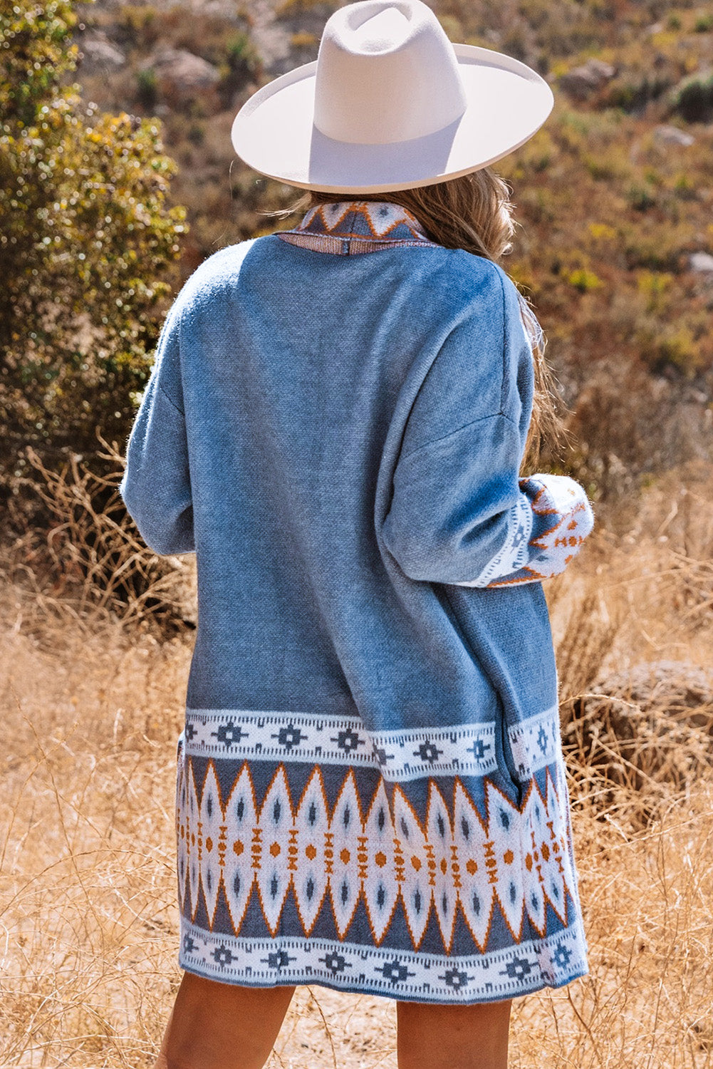Blue Geometric Print Open Front Knit Cardigan - The Daily Makeover