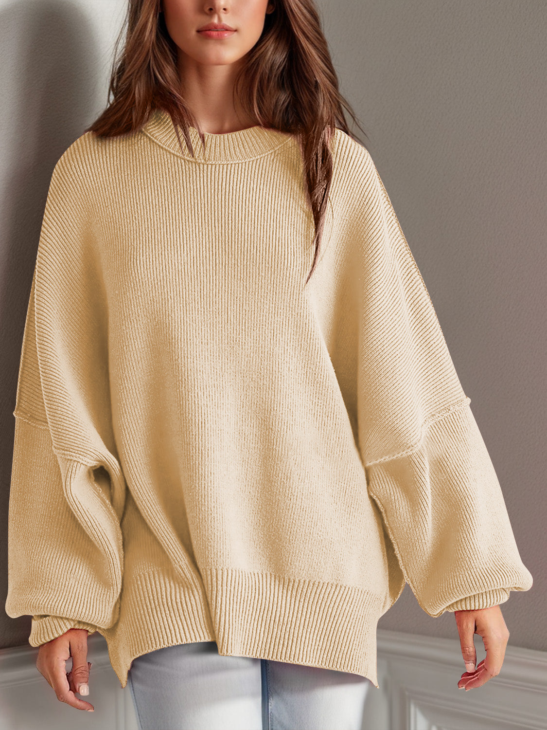 Double Take Side Slit Round Neck Long Sleeve Sweater - The Daily Makeover