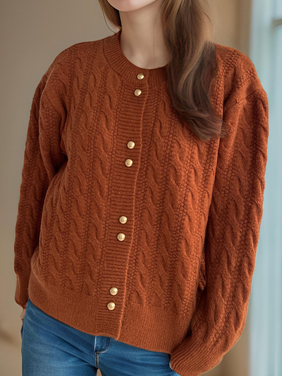 Cable-Knit Round Neck Long Sleeve Cardigan - The Daily Makeover