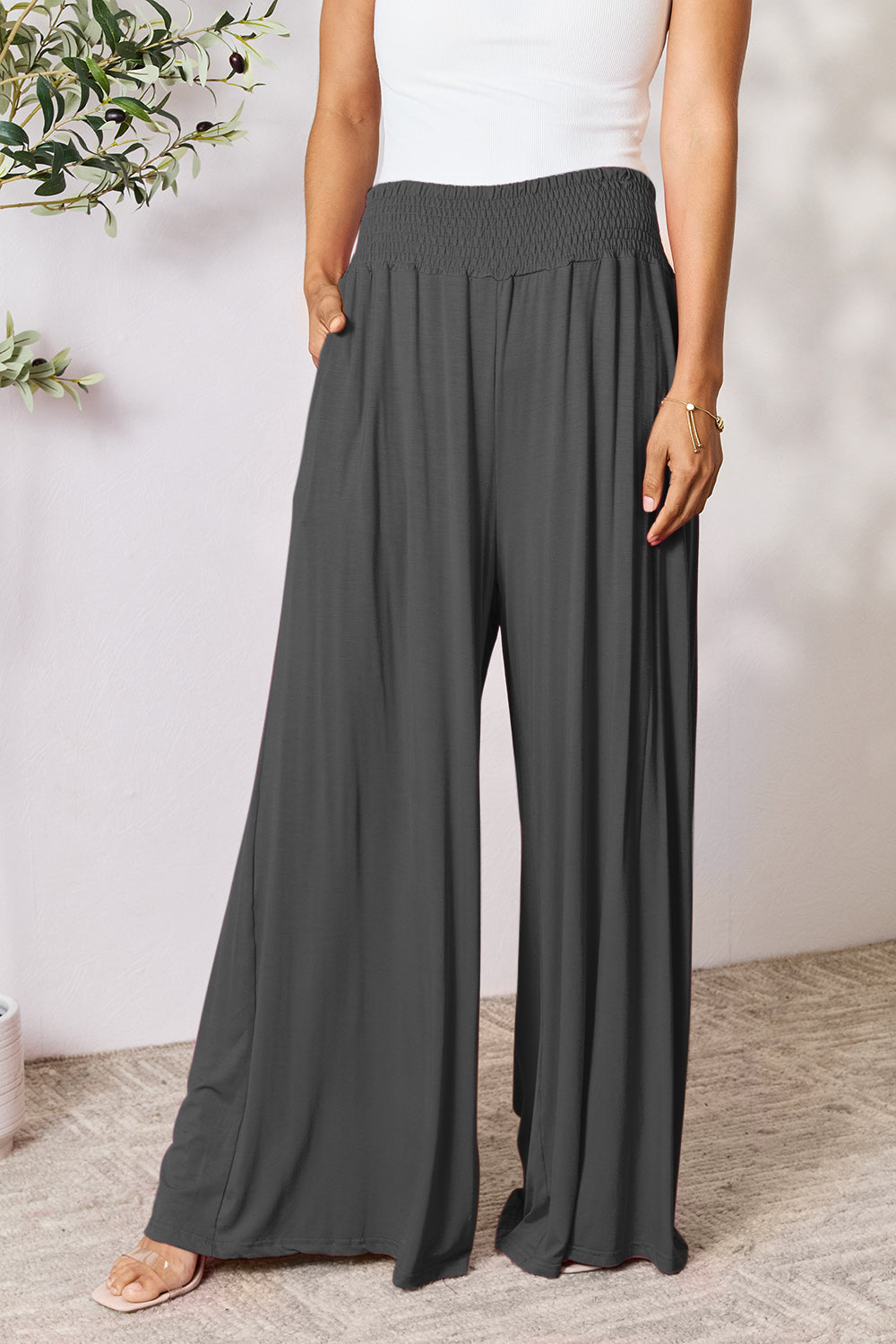 Double Take Full Size Smocked Wide Waistband Wide Leg Pants - The Daily Makeover