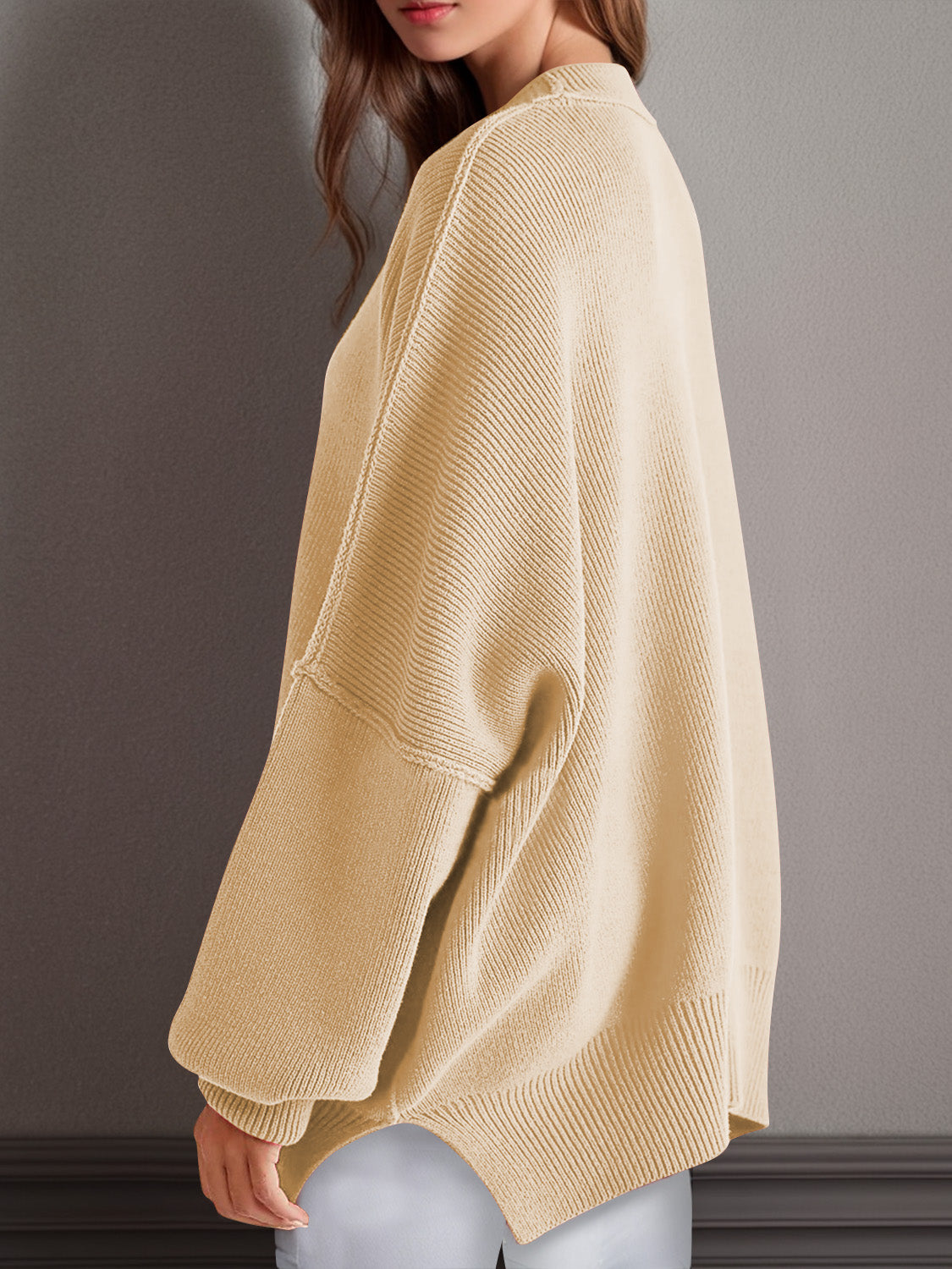 Double Take Side Slit Round Neck Long Sleeve Sweater - The Daily Makeover