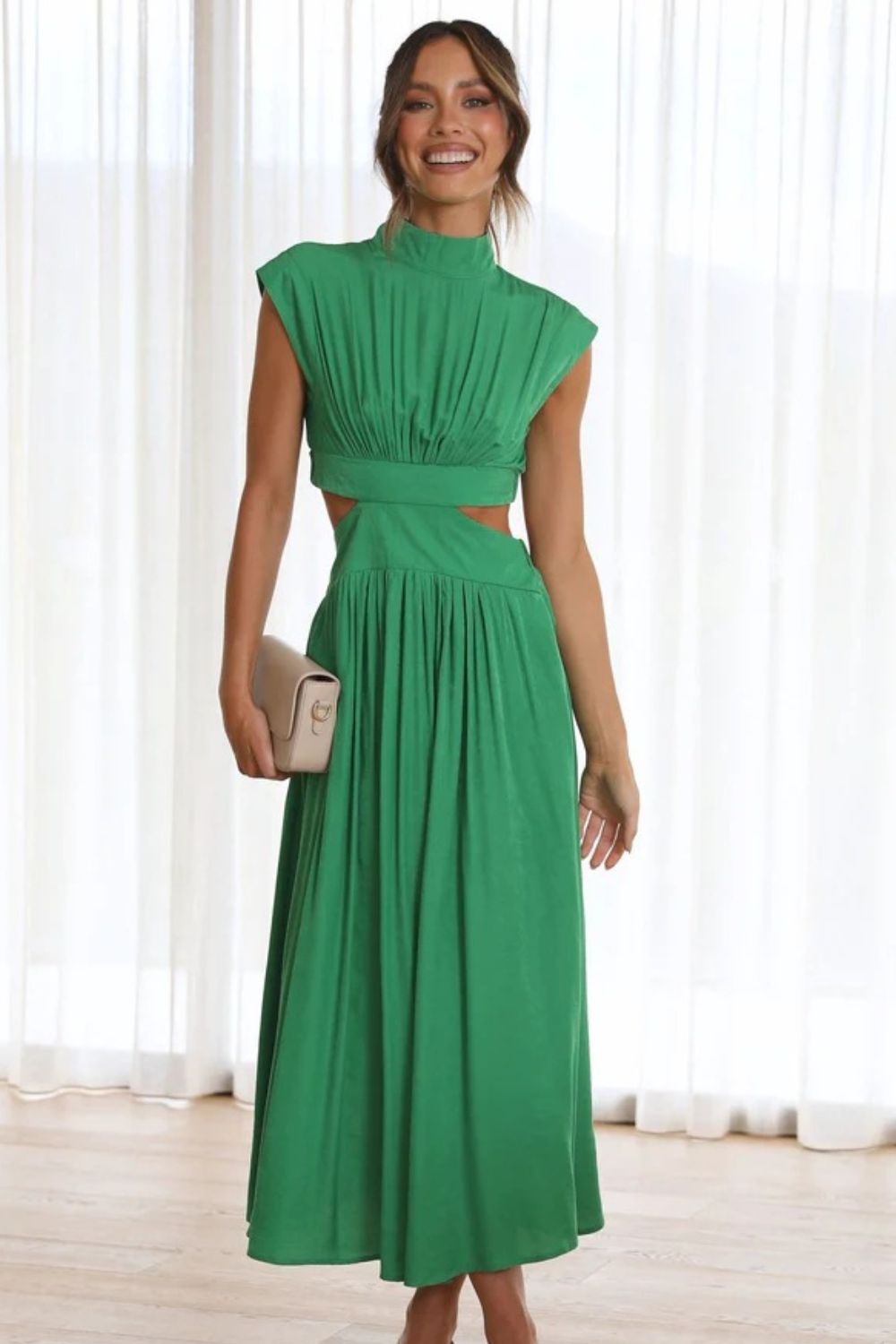 Cutout Mock Neck Sleeveless Ruched Dress - The Daily Makeover