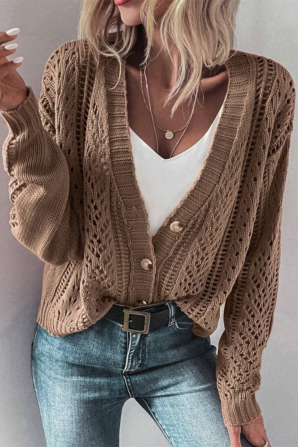 Openwork Button Up Long Sleeve Cardigan - The Daily Makeover