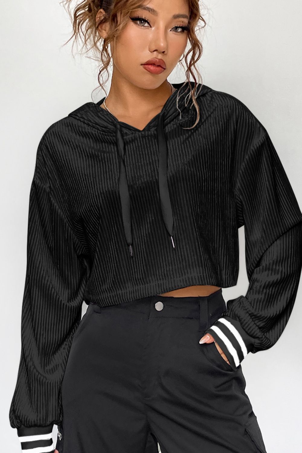 Drawstring Drop Shoulder Long Sleeve Hoodie - The Daily Makeover