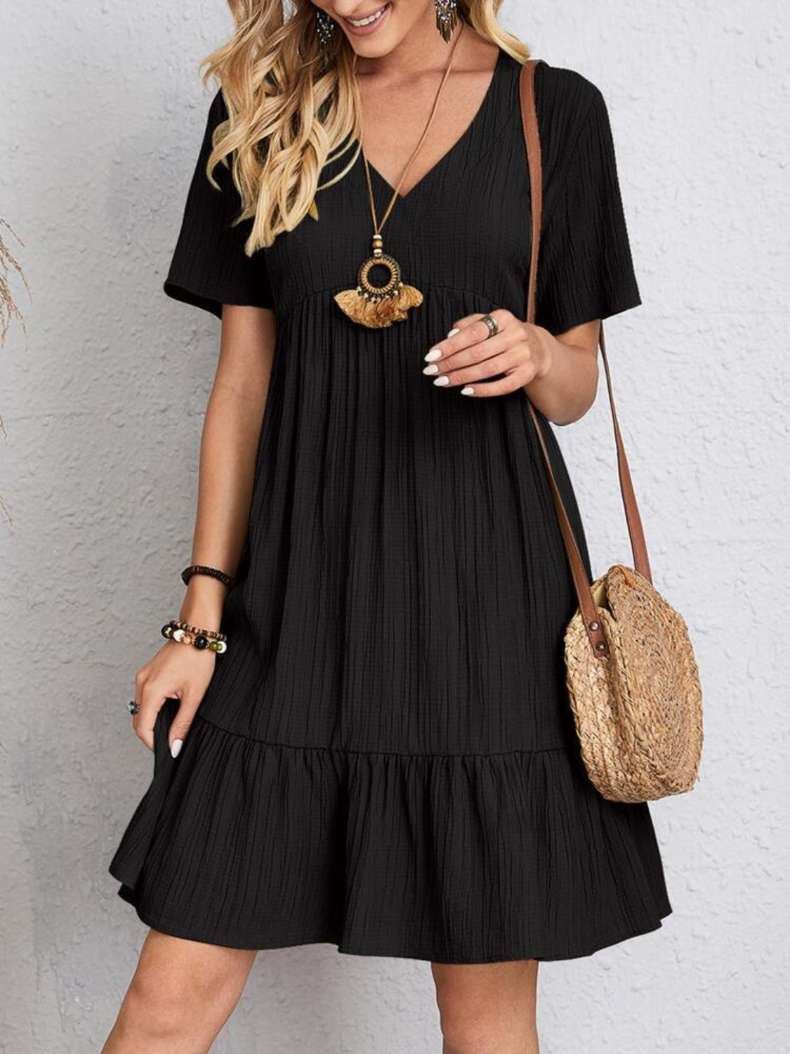 Full Size V-Neck Short Sleeve Dress - The Daily Makeover