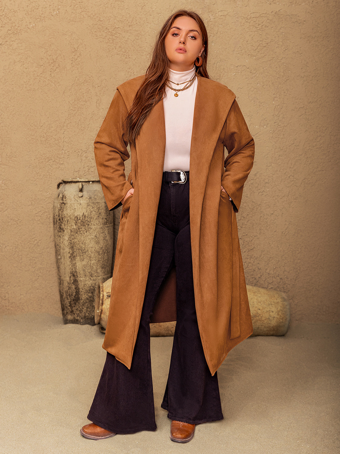 Plus Size Tied Long Sleeve Hooded Coat with Pockets - The Daily Makeover