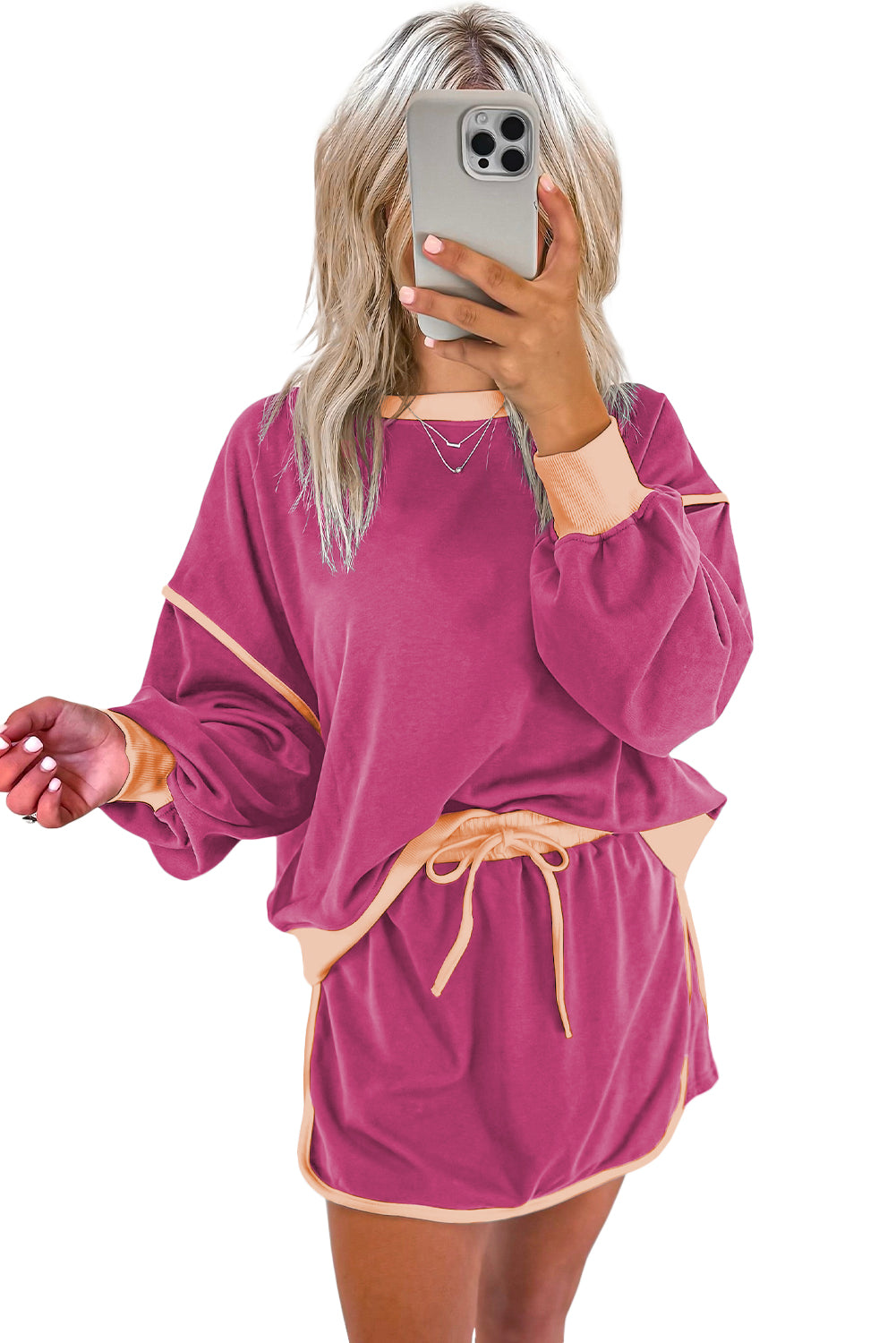 Evergreen Contrast Trim Loose Pullover and Lace-up Waist Skort Set - The Daily Makeover