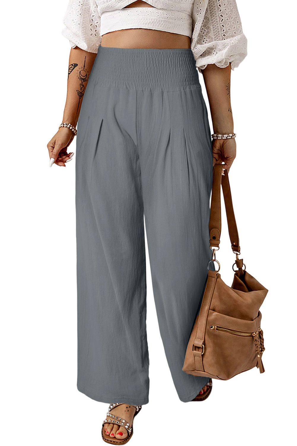 Khaki Smocked Wide Waistband High Waist Wide Leg Pants - The Daily Makeover