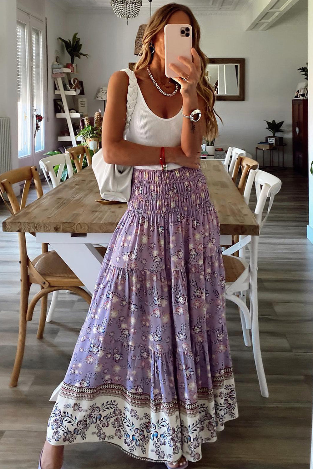 Purple Floral Print Shirred High Waist Maxi Skirt - The Daily Makeover