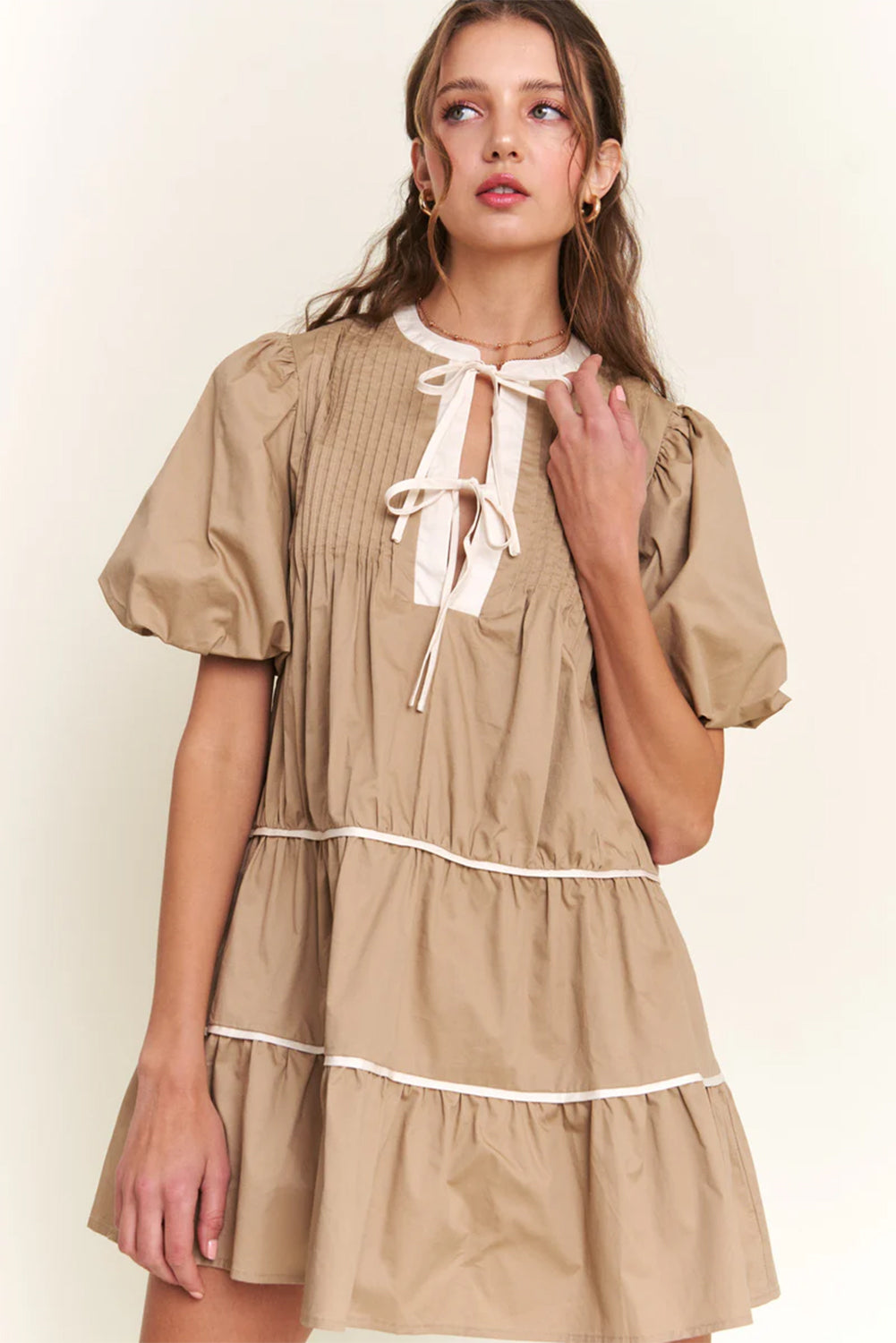 Pale Khaki Knot Front Pleated Tiered Mini Dress - The Daily Makeover