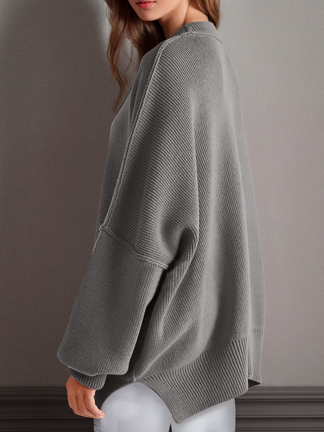 Double Take Side Slit Round Neck Long Sleeve Sweater - The Daily Makeover