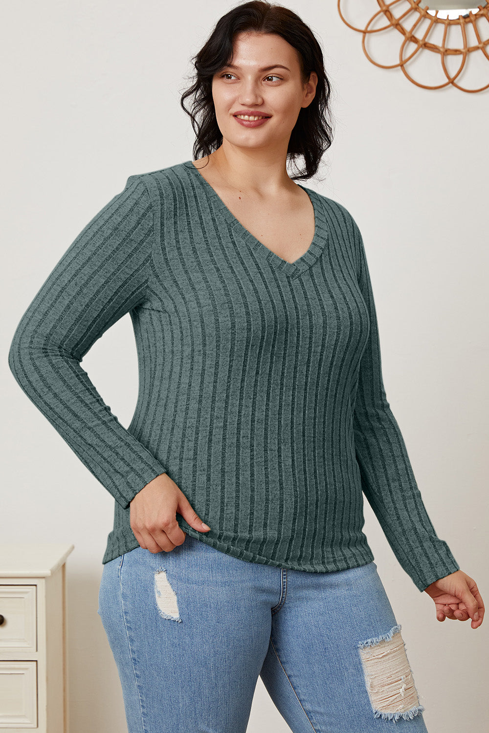 Full Size Ribbed V-Neck Long Sleeve T-Shirt - The Daily Makeover