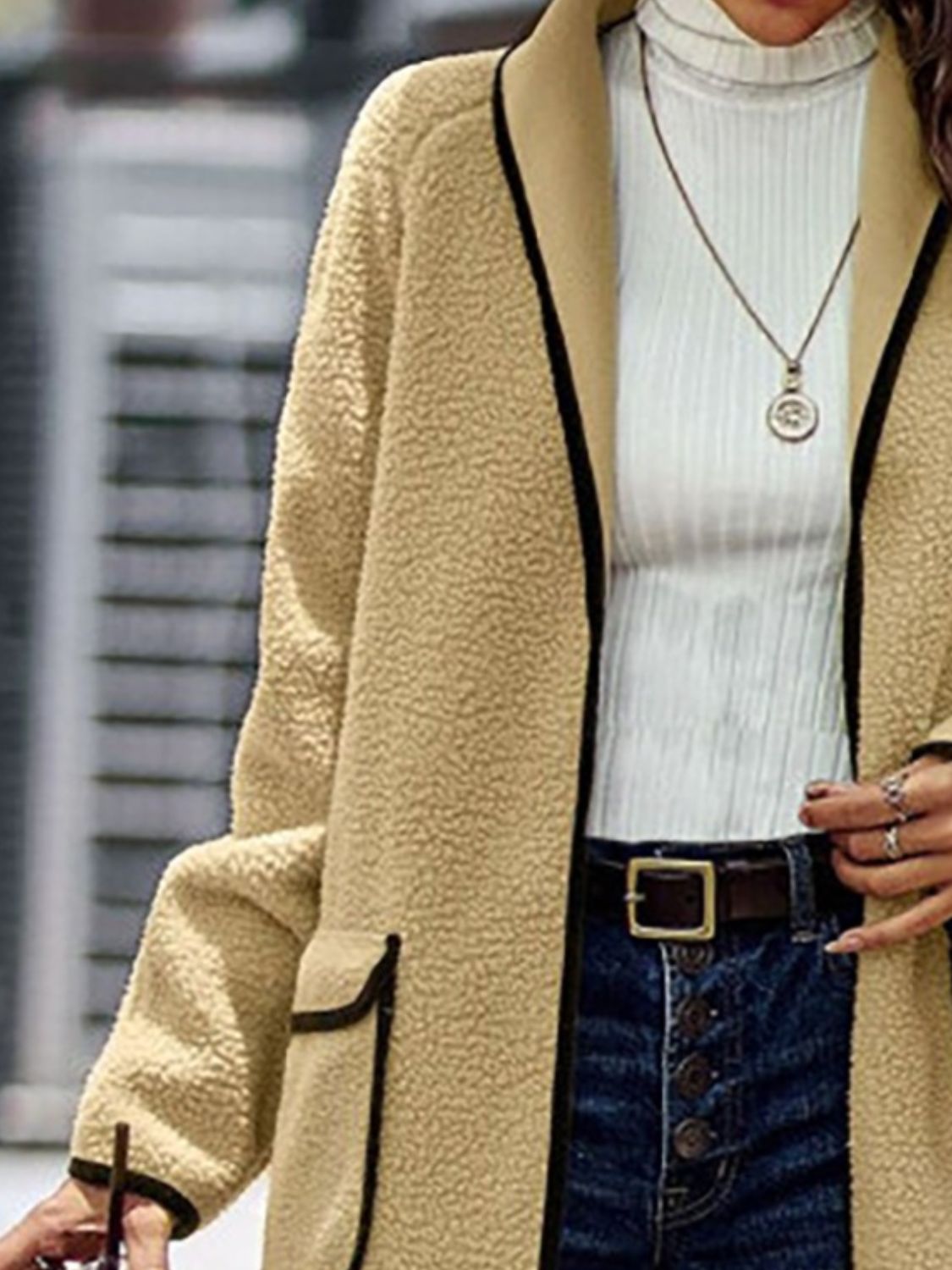 Full Size Contrast Trim Long Sleeve Coat with Pockets - The Daily Makeover