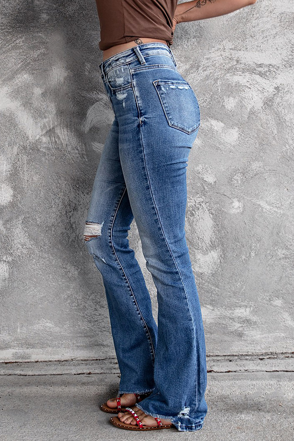 Dark Blue Ripped Raw Hem High Waist Flare Jeans - The Daily Makeover