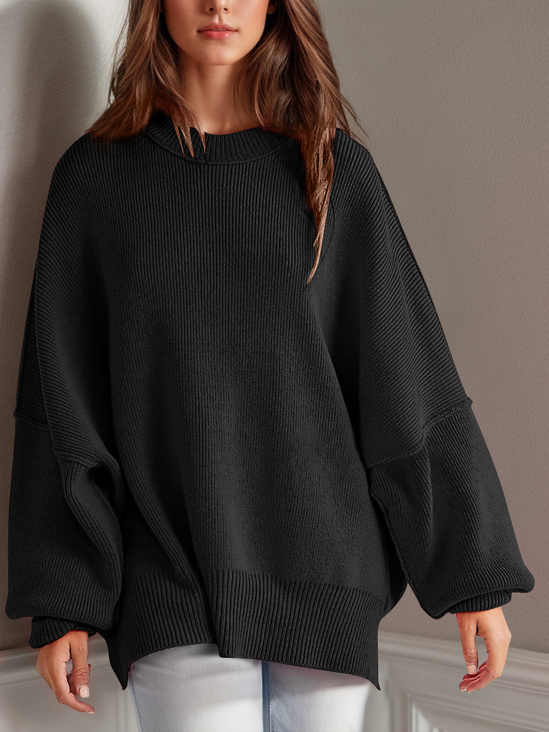 Double Take Side Slit Round Neck Long Sleeve Sweater - The Daily Makeover