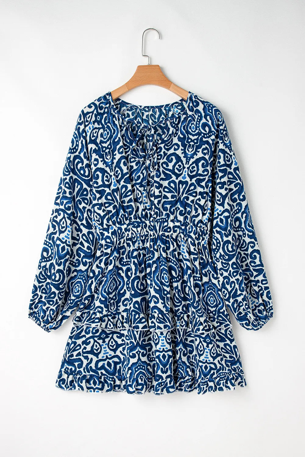Printed Tie Neck Long Sleeve Dress - The Daily Makeover