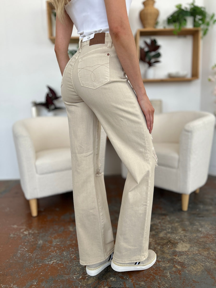 Judy Blue Full Size High Waist Distressed Wide Leg Jeans - The Daily Makeover