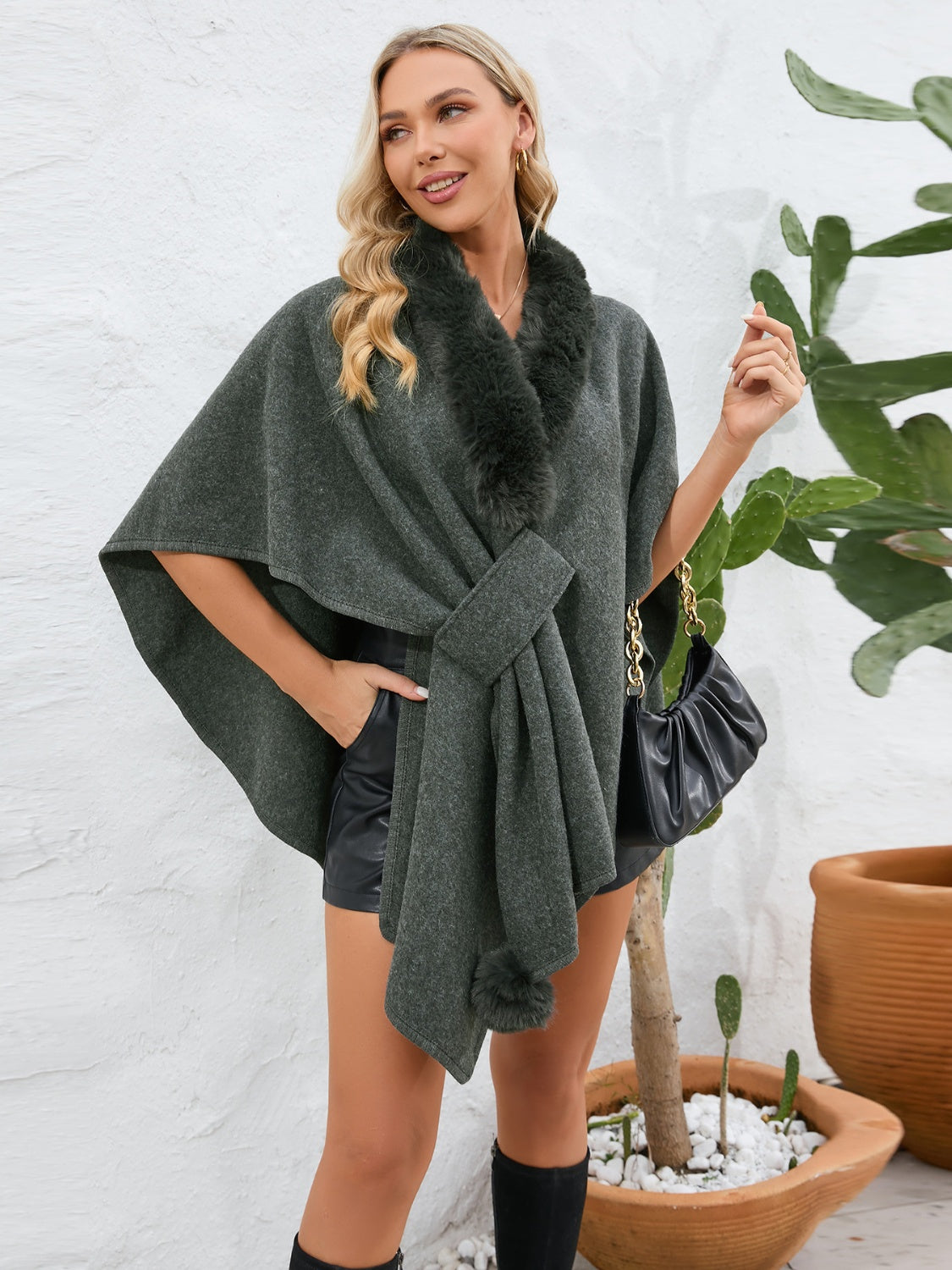 Fuzzy Trim Open Front Poncho - The Daily Makeover