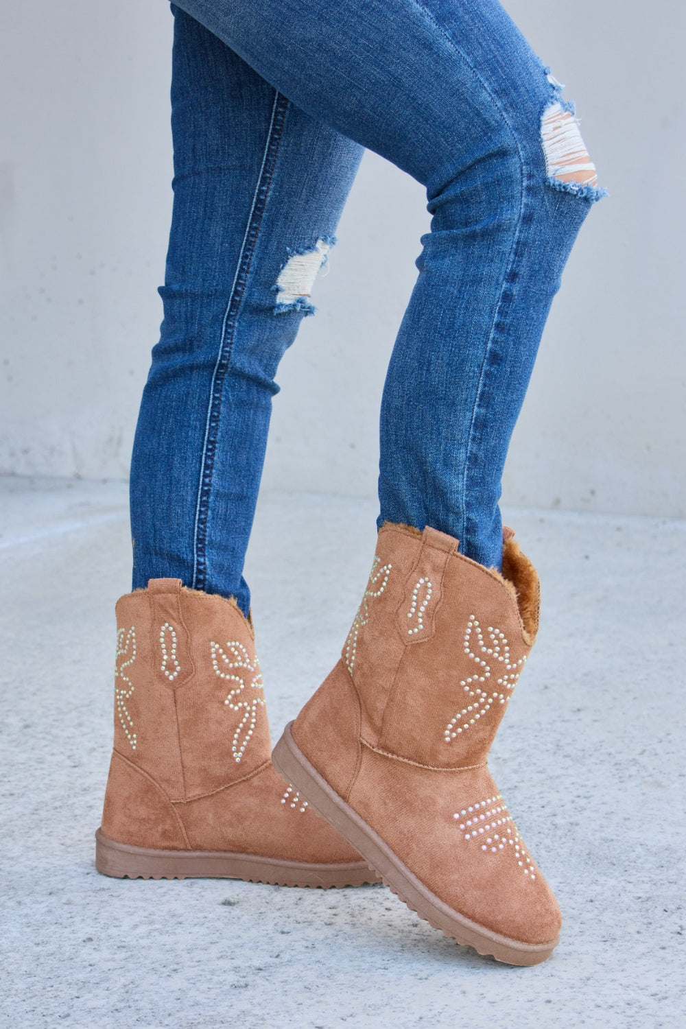 Forever Link Rhinestone Furry Flat Boots - The Daily Makeover