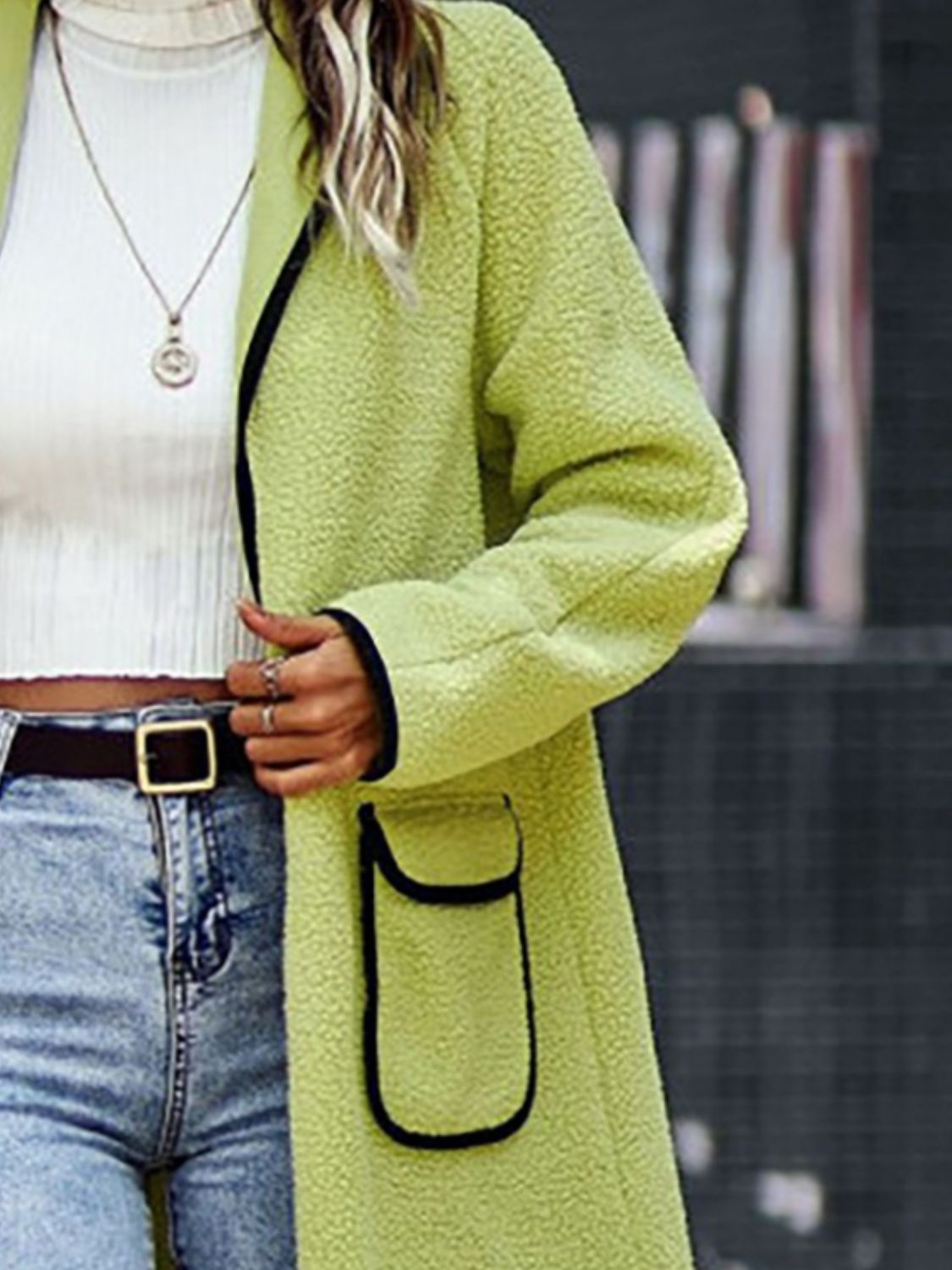 Full Size Contrast Trim Long Sleeve Coat with Pockets - The Daily Makeover