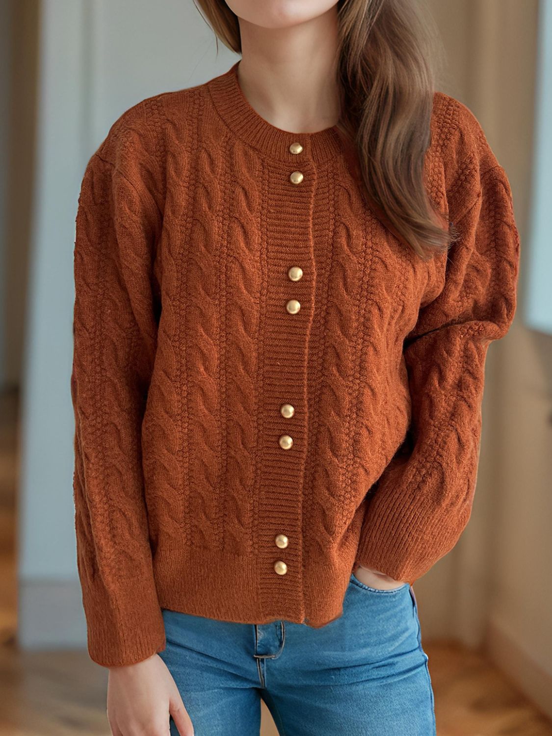 Cable-Knit Round Neck Long Sleeve Cardigan - The Daily Makeover