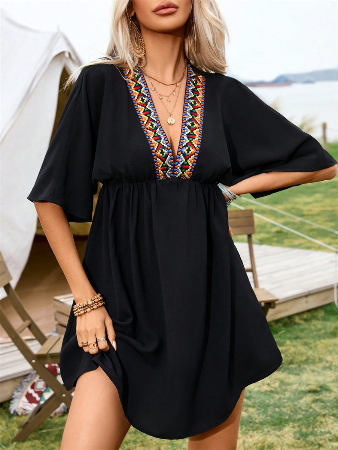Embroidered Plunge Half Sleeve Mini Dress - The Daily Makeover