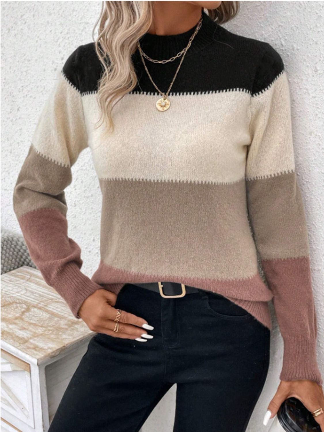 Color Block Mock Neck Long Sleeve Sweater - The Daily Makeover