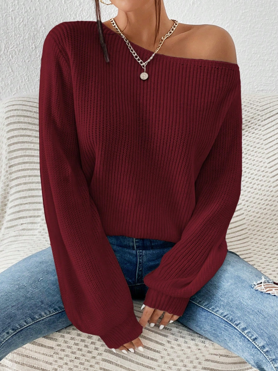Honey Single Shoulder Long Sleeve Sweater - The Daily Makeover