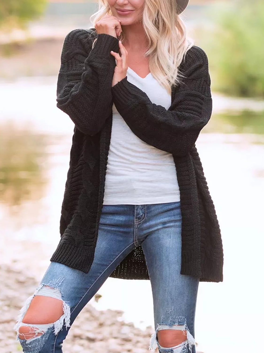 Cable-Knit Open Front Long Sleeve Cardigan - The Daily Makeover