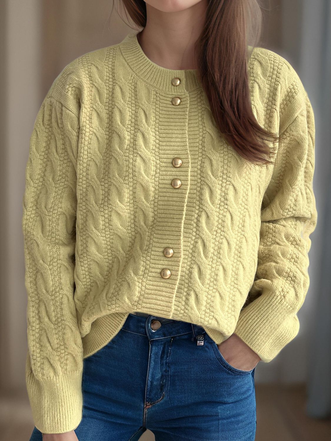 Cable-Knit Round Neck Long Sleeve Cardigan - The Daily Makeover