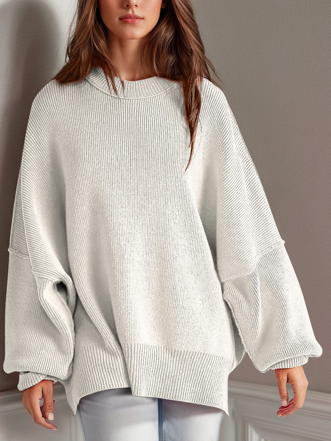 Double Take Side Slit Round Neck Long Sleeve Sweater - The Daily Makeover