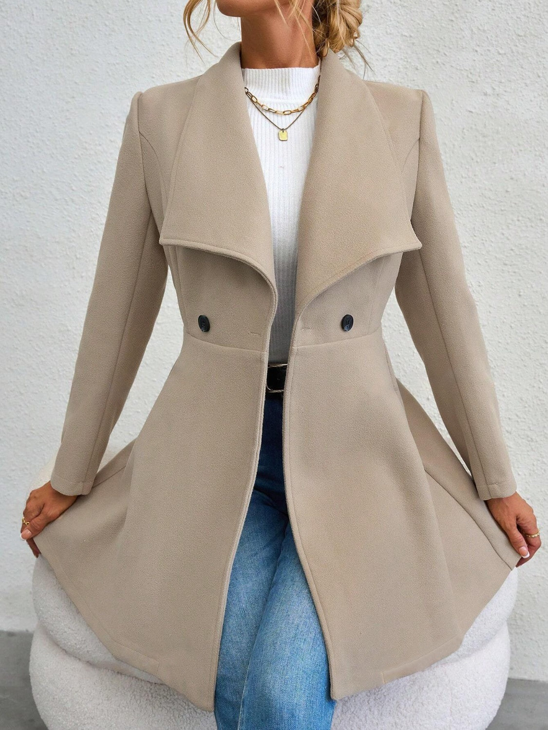 Collared Neck Button Up Long Sleeve Coat - The Daily Makeover