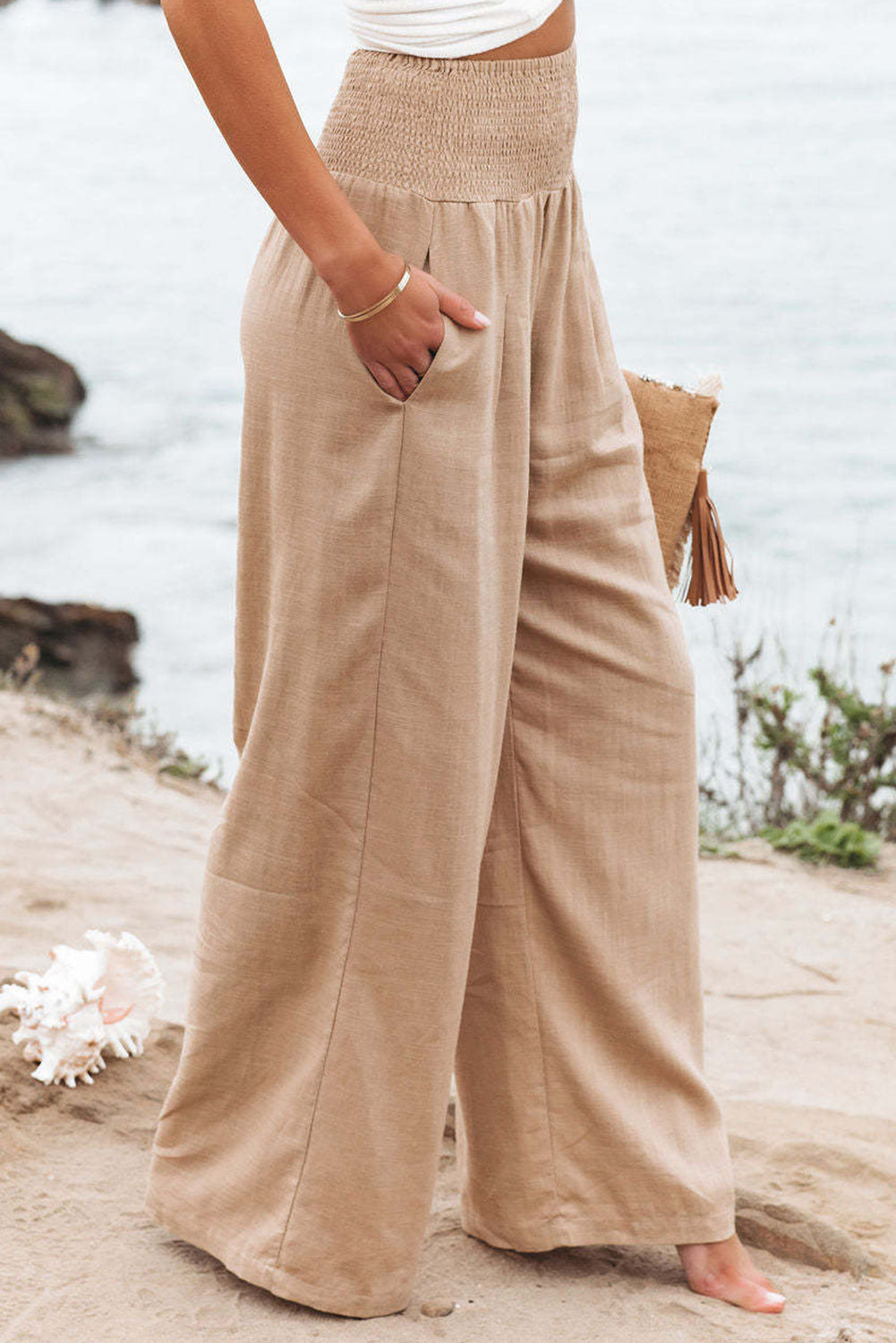 Khaki Smocked Wide Waistband High Waist Wide Leg Pants - The Daily Makeover