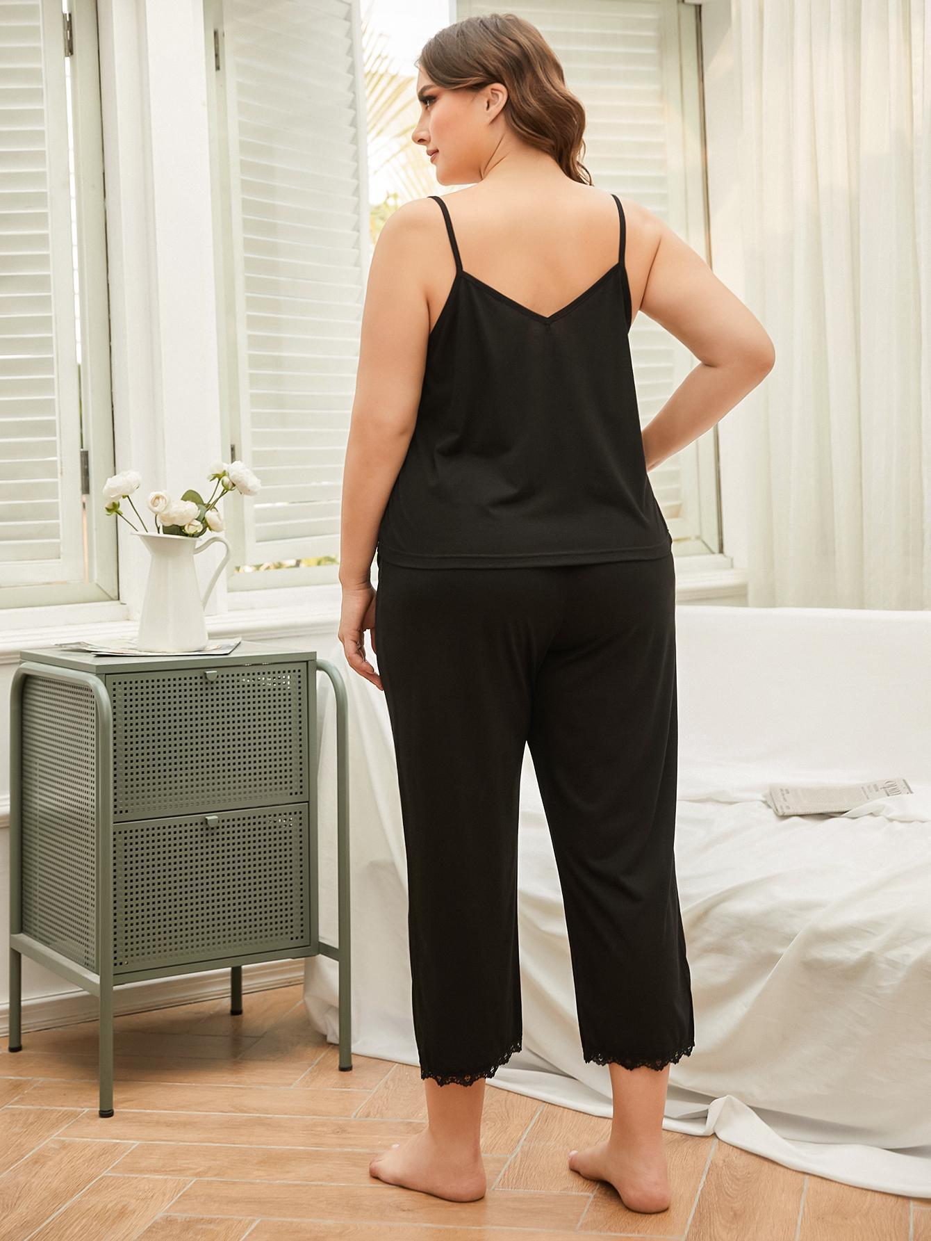 Plus Size Lace Trim Slit Cami and Pants Pajama Set - The Daily Makeover