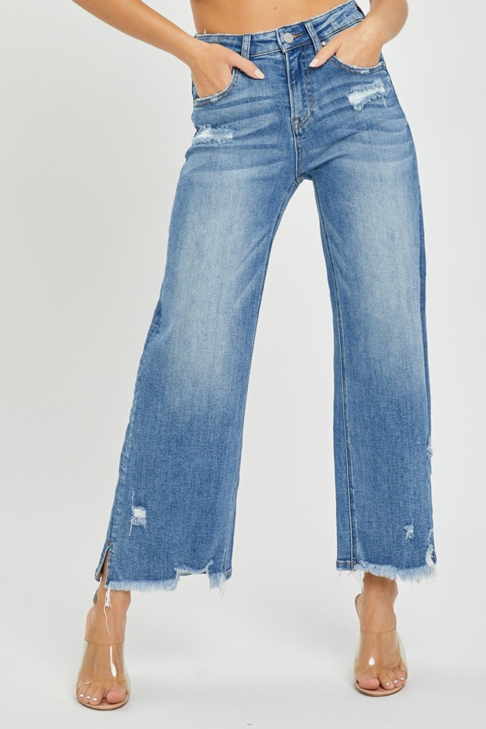 RISEN High Rise Side Slit Raw Hem Cropped Jeans - The Daily Makeover